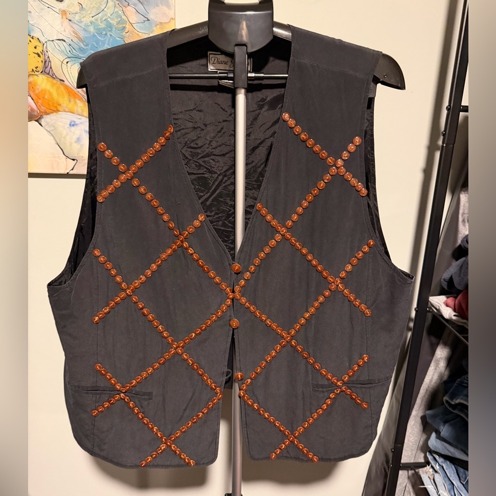 100% silk button detail boho chic western black vest 3x